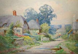 Thatched Cottages With Flower Gardens And Country Path In A Landscape Thatched Cottages With Flower Gardens And Country Path In A Landscape