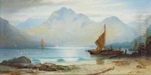 Lake And Mountains With Fishermen And Boats In Foreground Lake And Mountains With Fishermen And Boats In Foreground