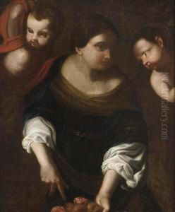 Woman With Plums And Flowers Together With Two Putti