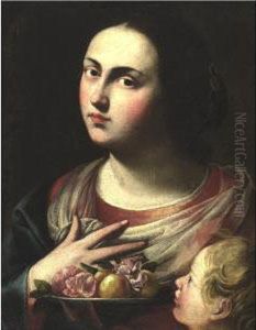 Portrait Of A Young Woman With A
Plate Of Fruit And Flowers, A Child's Head Peering From The Lower Right by Massimo Stanzione