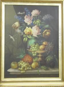 Still Life Study Of Flowers And Fruit On A Marble Table by Edwin Steele