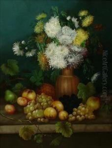 Still Life Of Fruitand Chrysanthemums In A Vase