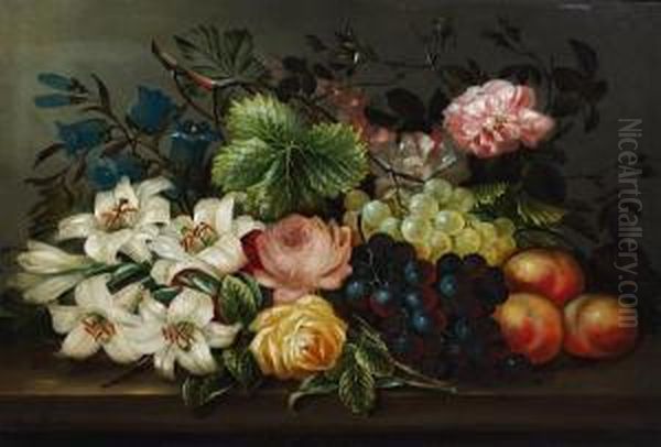 Roses, Lilies, Black And Green Grapes, Andpeaches On A Ledge - view 1