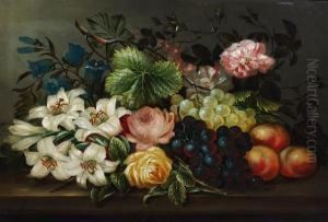 Roses, Lilies, Black And Green Grapes, Andpeaches On A Ledge