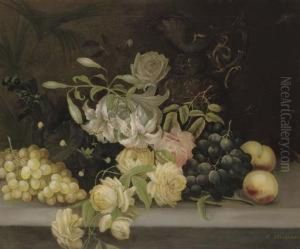 A Gourd, White And Black Grapes,
Apples And A Pear With A Vase And A Jug On A Marble Ledge; And Lillies
And Roses, Hollyhocks, Grapes And Peaches, And A Ewer, On A Stone Ledge by Edwin Steele