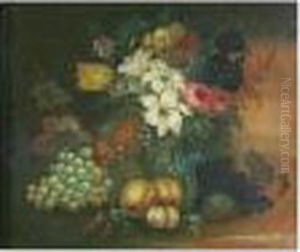 Still Life Of Flowers, Grapes, Peaches And Berries