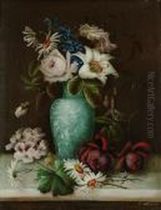Still Life Of Flowers Displayed In A Vase On A Ledge
