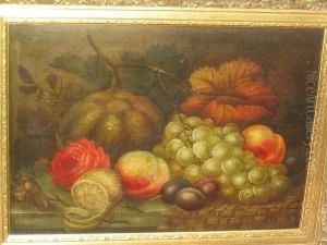 Still Life Of Grapes, Peaches, Plums, Lemon And Various Flowers And Foliage On A Ledge by Edwin Steele