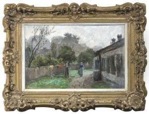 Summery Landscape Behind A
Homestead With Two Countrywomen Conversing. Oil/cardboard, Signed And
Inscribed by Theodore Clement Steele
