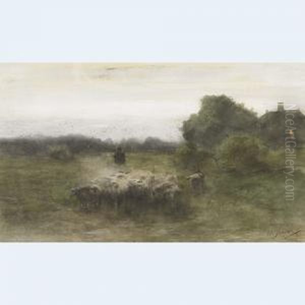 Shepherd And Flock At Twilight - view 1