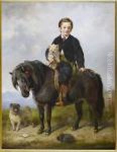 Portrait Study Of A Young Boy On A Shetland Pony Together With His Two Dogs