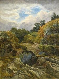 A View Of A Landscape With Figures On A Bridge by John Steeple