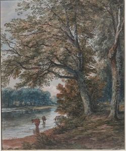 Woodland River Scene With Cattle Watering In The Foreground by John Steeple