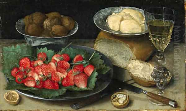 Strawberries on a Plate, Walnuts in a porcelain Bowl, Butter on a Plate, a Loaf of Bread, a faon de venise Wine Glass, a Knife and a Fork on a Table - view 1