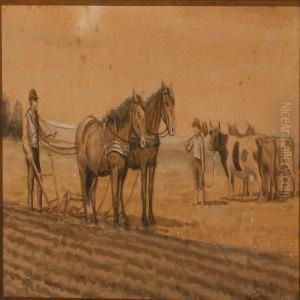 Harvest Scene With Farmers, Horses And Cattle by Poul Steffensen