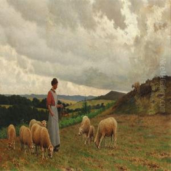 Hilly Landscape With A Woman And Sheep - view 1