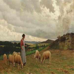 Hilly Landscape With A Woman And Sheep