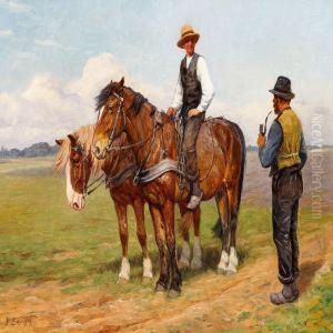 Two Farmers Chatting In The Field by Poul Steffensen