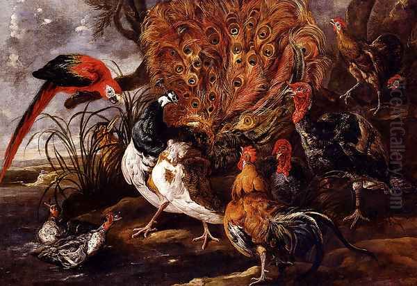 A Peacock In A Landscape With Roosters, Turkeys, Ducks, A Heron And A Parrot - view 1