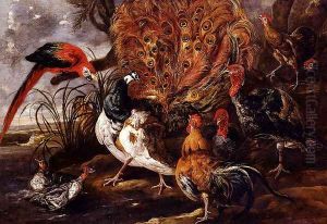 A Peacock In A Landscape With Roosters, Turkeys, Ducks, A Heron And A Parrot by Jan Fyt