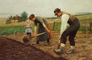 Farmers Working In The Field, A Boy Is Holding A Carrot by Povl Steffensen