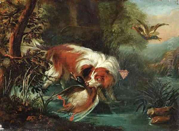 A hunting dog retrieving a mallard - view 1