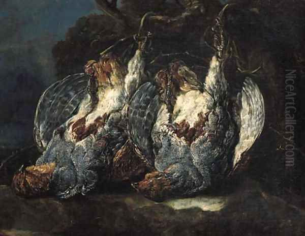 Dead partridges suspended from ropes on a tree in a forest - view 1