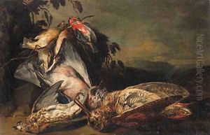 Dead songbirds, a jay, and a snipe in a landscape