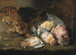 A cat stalking dead songbirds on a ledge by Jan Fyt