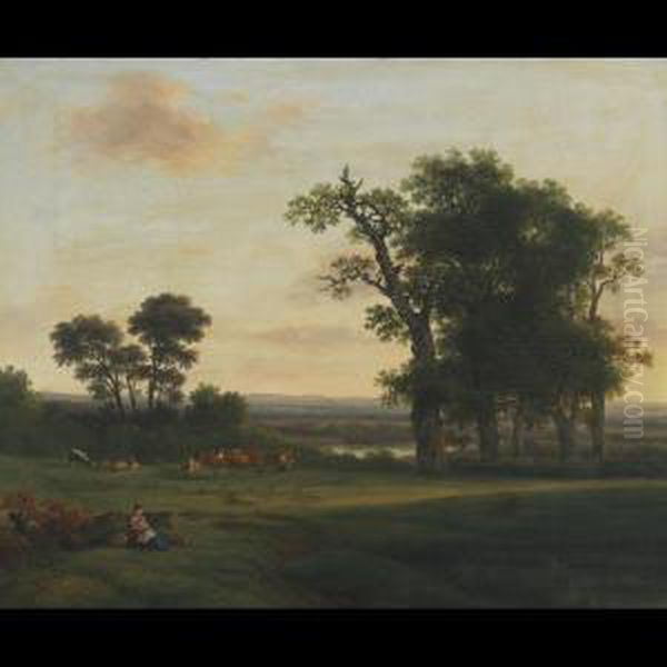 Pastoral With Mother And
Children Resting While A Woman Milks Cowsand Boatmen Fish In The
Distance - view 1