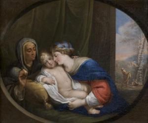 Vierge A L'enfant Avec Sainte Anne Lui Offrant Une Poire, Dans Un Ovale Peint