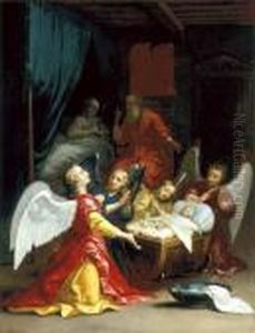 The Birth Of The Virgin With Adoring Angels by Jacques De Stella