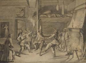 Des Personnages Masques Dansant Dans Une Auberge by Jacques De Stella