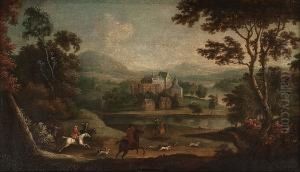 A Hunting Party In A Landscape, A Lake And A Castle Beyond
