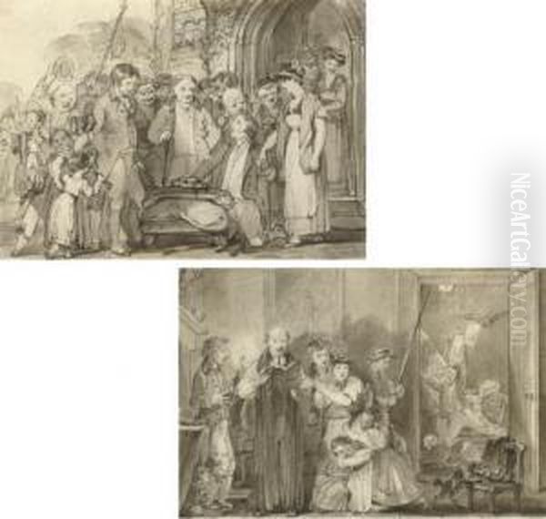 Six Scenes Of Country Customs,
Including Villagers Gathering For The Beating The Bounds Ceremony;
'heaving', A Man Lifted In A Chair By Women; A Young Couple Before A
Church (illustrated); A Woman Carried In A Basket By A Crowd; A Women's
Running- - view 1