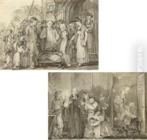 Six Scenes Of Country Customs, 
Including Villagers Gathering For The Beating The Bounds Ceremony; 
'heaving', A Man Lifted In A Chair By Women; A Young Couple Before A 
Church (illustrated); A Woman Carried In A Basket By A Crowd; A Women's 
Running- by James Stephanoff