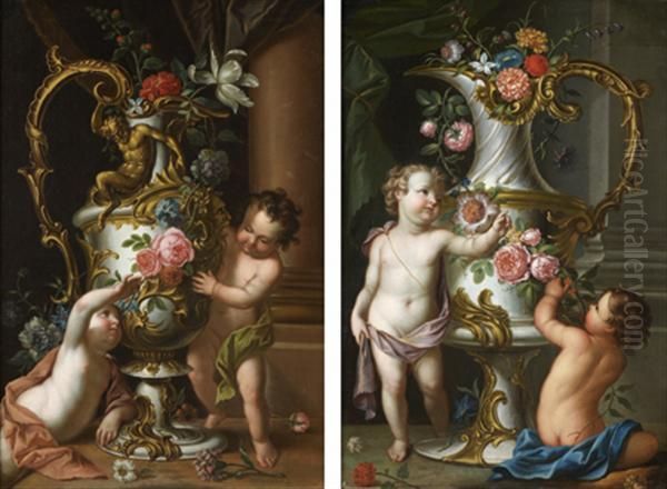 Aiguieres Sculptees Decorees De Guirlandes De Fleurs Par Des Putti - view 1