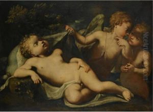 Cupid Asleep As Two Putti Whisper Beside Him by Ignazio Stern