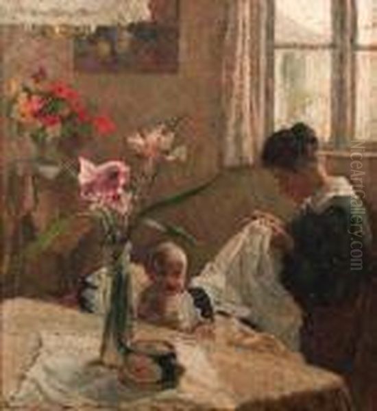 A Sunlit Interior With A Mother Sewing By A Baby - view 1