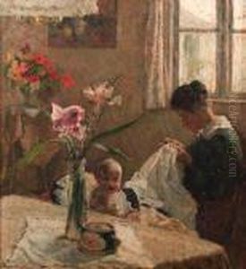A Sunlit Interior With A Mother Sewing By A Baby by Jacobus Frederick Sterre De Jong