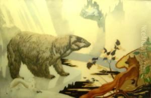 Peinture Sous Verre Figurant Un Ours Sur La Banquise, Un Renard Et Deux Hermines.
