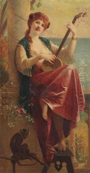 Woman With Mandoline And Monkey Near A Railing - view 1