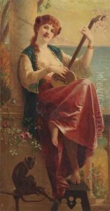 Woman With Mandoline And Monkey Near A Railing by Agapit Stevens