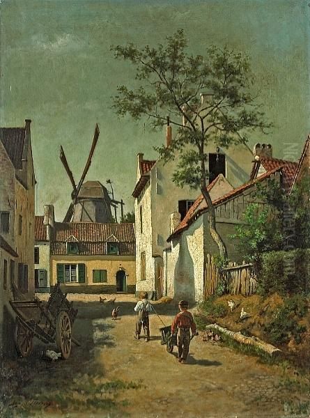 A Village Street With Two Boys Pushing A Wheelbarrow - view 1