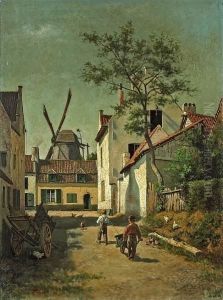 A Village Street With Two Boys Pushing A Wheelbarrow