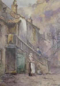 A Lady And Gentleman Talking On Stepswith Cottage Behind by Alfred Stevens
