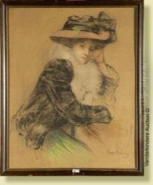 Portrait D'une Elegante Au 
Chapeau, Fusain Rehausse Aupastel Sur Papier. Signe En Bas A Droite G.m.
 Stevens. Ecole Belge.dim.: 62x49 Cm - view 1