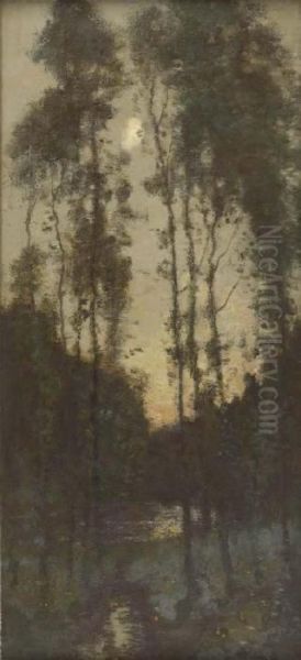 A Wooded River Landscape By Moonlight - view 1