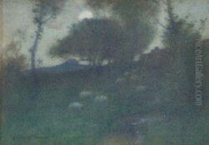 Sheep Grazing In A Moonlit Landscape Sheep Grazing In A Moonlit Landscape