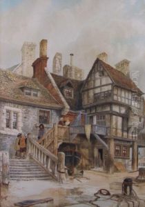 Street Scene With Figures On The Steps Of Half